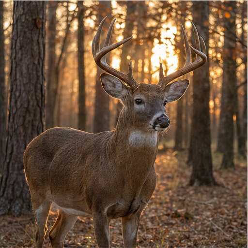 Mature whitetail buck at dawn in an American hardwood forest