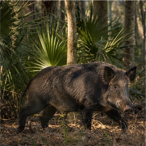 Wild hog moving through Florida palmetto scrub