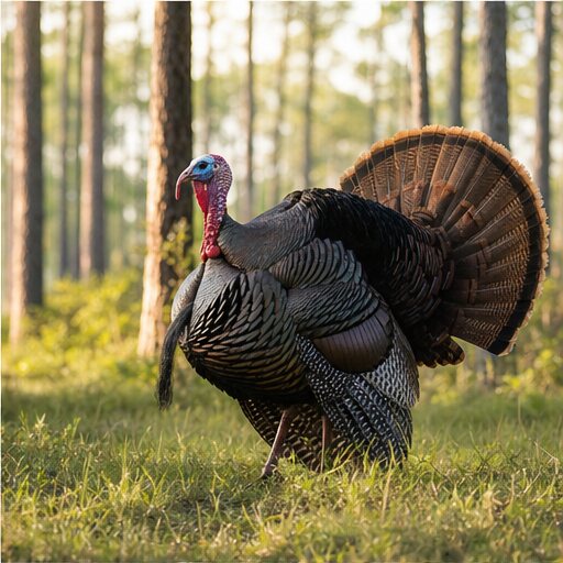 Eastern wild turkey in a sunlit pine clearing