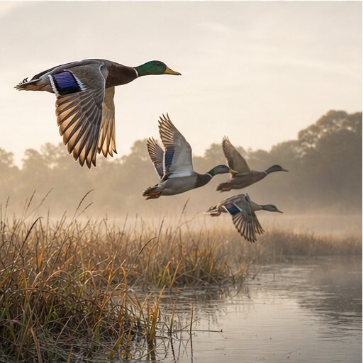 Mallard ducks flying over a misty marsh